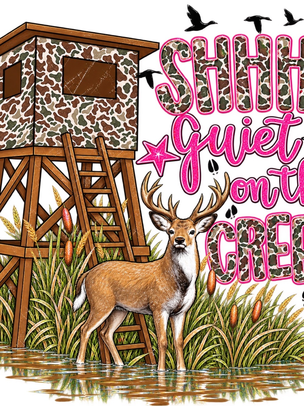 Deer Graphic Tee Print with Camo Hunting Blind & Pink Accents DTF transfer